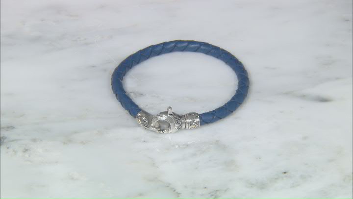 Men's Blue Leather With Sterling Silver & 18K Yellow Gold Accent Bracelet Video Thumbnail