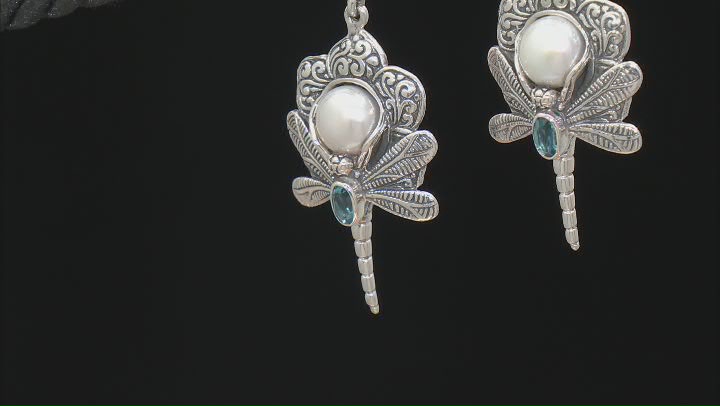 Cultured Freshwater Pearl & Swiss Blue Topaz Sterling Silver Dragonfly Earrings 0.54ctw Video Thumbnail