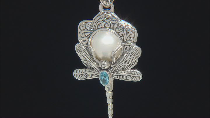 11.5-12mm White Cultured Mabe Pearl & Swiss Blue Topaz Sterling Silver Dragonfly Pendant 0.54ct Video Thumbnail