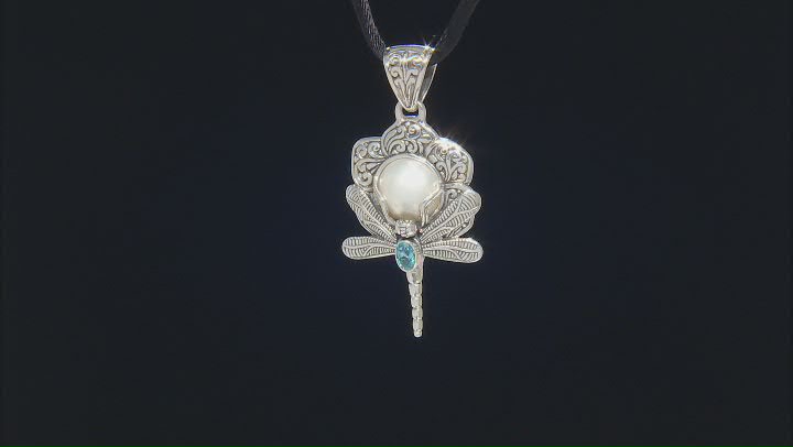 11.5-12mm White Cultured Mabe Pearl & Swiss Blue Topaz Sterling Silver Dragonfly Pendant 0.54ct Video Thumbnail