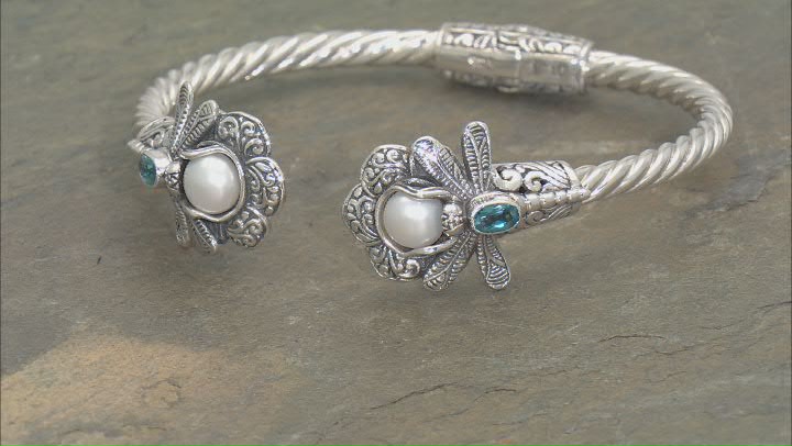 6.5-7mm Cultured Freshwater Pearl & Swiss Blue Topaz Sterling Silver Dragonfly Bracelet 0.54ctw Video Thumbnail
