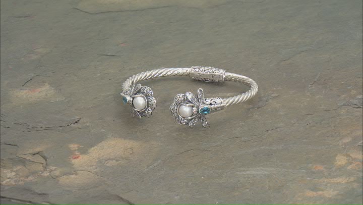 6.5-7mm Cultured Freshwater Pearl & Swiss Blue Topaz Sterling Silver Dragonfly Bracelet 0.54ctw Video Thumbnail