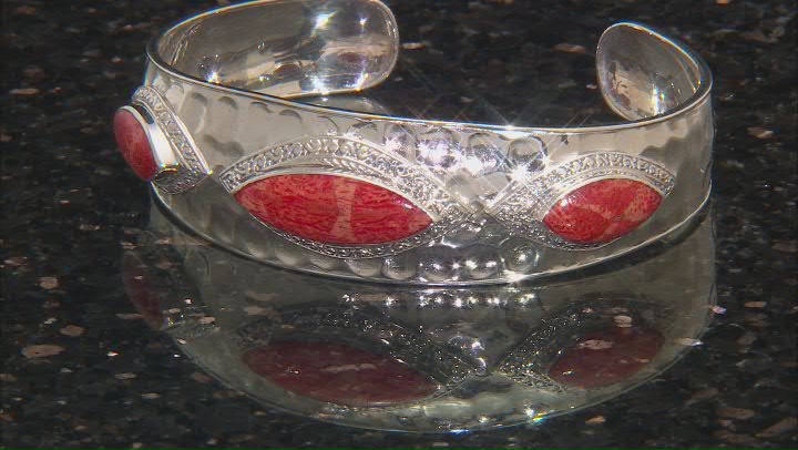 Red Indonesian Coral Sterling Silver Hammered Cuff Bracelet Video Thumbnail