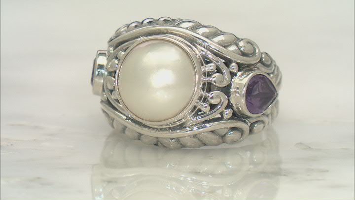 10.5-11.5mm White Cultured Mabe Pearl & Amethyst Sterling Silver Ring 1.10ctw Video Thumbnail