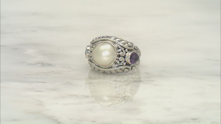 10.5-11.5mm White Cultured Mabe Pearl & Amethyst Sterling Silver Ring 1.10ctw Video Thumbnail