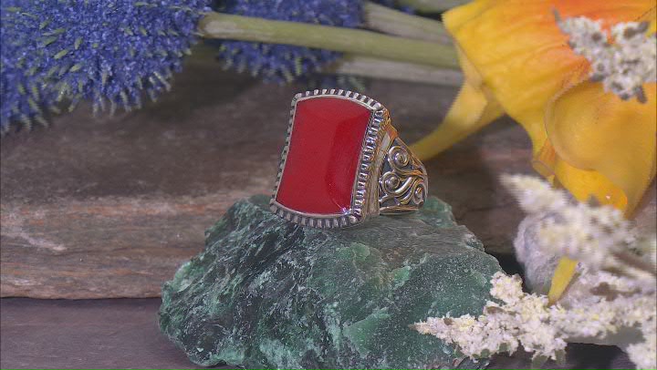 Rectangle Red Coral Sterling Silver Ring 16x10mm Video Thumbnail