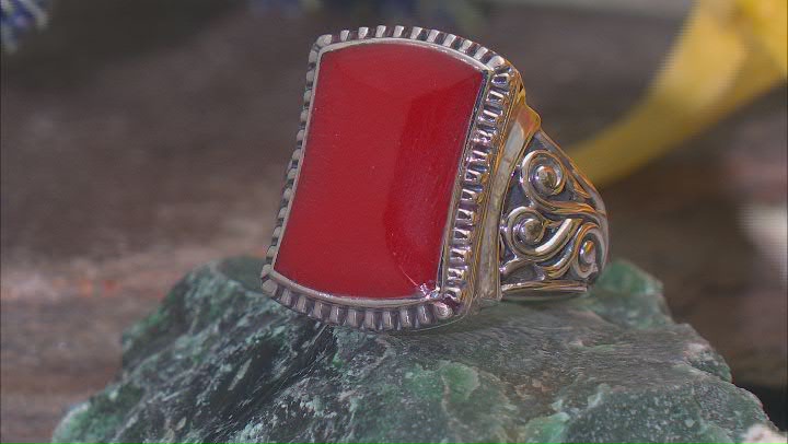 Rectangle Red Coral Sterling Silver Ring 16x10mm Video Thumbnail