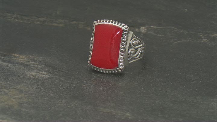 Rectangle Red Coral Sterling Silver Ring 16x10mm Video Thumbnail