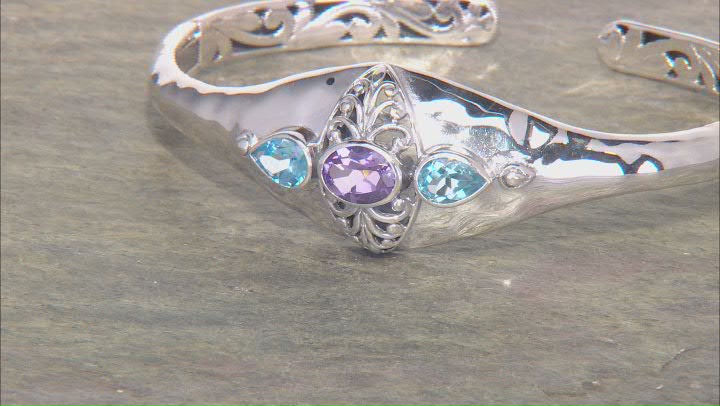 Amethyst & Blue Topaz Sterling Silver 3 Stone Hammered Cuff Bracelet 2.41ctw Video Thumbnail