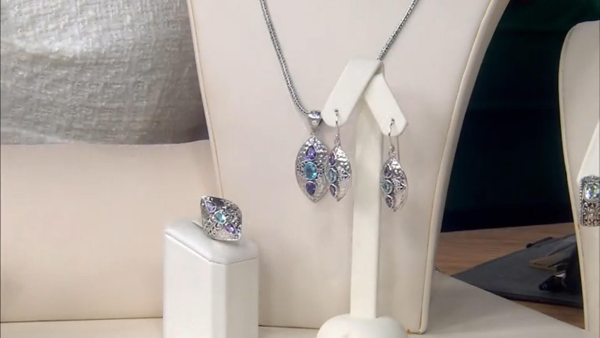 Amethyst & Blue Topaz Sterling Silver 3 Stone Hammered Earrings 2.04ctw Video Thumbnail