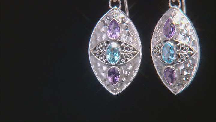 Amethyst & Blue Topaz Sterling Silver 3 Stone Hammered Earrings 2.04ctw Video Thumbnail