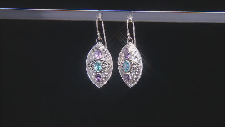 Amethyst & Blue Topaz Sterling Silver 3 Stone Hammered Earrings 2.04ctw Video Thumbnail