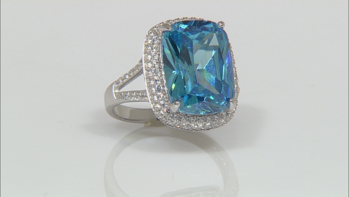 Blue And White Cubic Zirconia Rhodium Over Sterling Silver Ring 19.20ctw Video Thumbnail