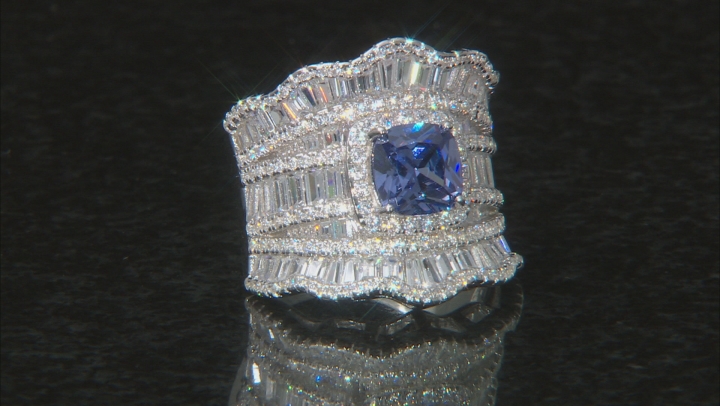Blue And White Cubic Zirconia Rhodium Over Sterling Silver Ring 8.58ctw