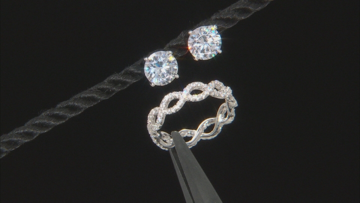 White Cubic Zirconia Rhodium Over Sterling Silver Ring And Earrings 6.75ctw Video Thumbnail