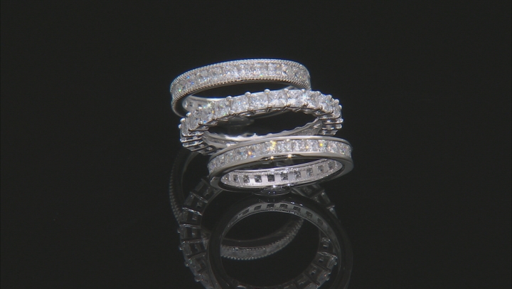White Cubic Zirconia Rhodium Over Sterling Silver Rings Set Of 3 6.20ctw Video Thumbnail