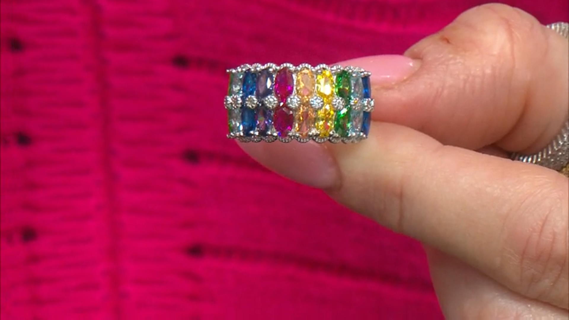 Multicolor Cubic Zirconia, Lab Blue Spinel and Lab Ruby Rhodium Over Sterling Silver Ring 5.14ctw Video Thumbnail