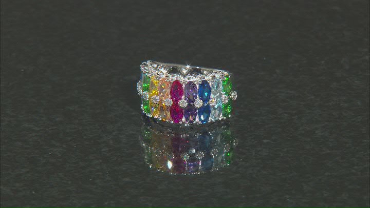 Multicolor Cubic Zirconia, Lab Blue Spinel and Lab Ruby Rhodium Over Sterling Silver Ring 5.14ctw Video Thumbnail
