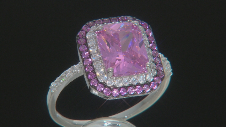 Pink Lab Created Sapphire, Pink And White Cubic Zirconia Rhodium Over Sterling Silver Ring 6.51ctw