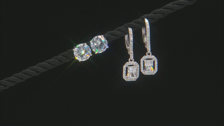 White Cubic Zirconia Rhodium Over Sterling Silver Earrings Set 9.98ctw Video Thumbnail