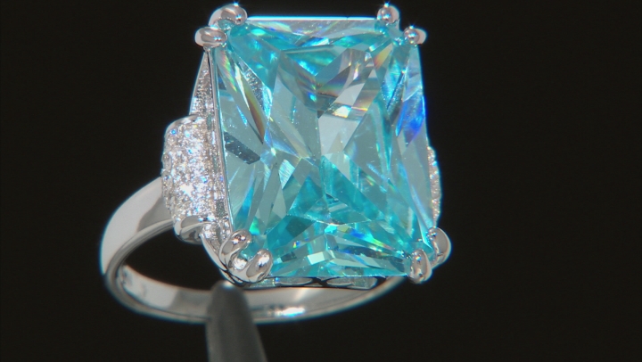 Blue Lab Created Spinel And White Cubic Zirconia Rhodium Over Sterling Silver Ring 20.57ctw Video Thumbnail