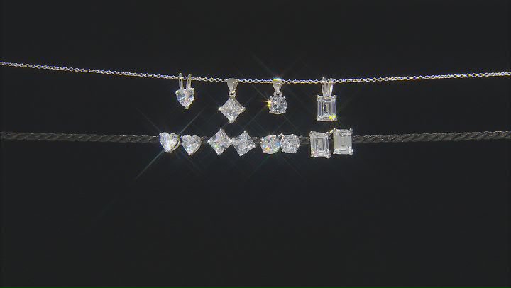 White Cubic Zirconia Rhodium Over Sterling Silver Earrings And Pendants With Chain Set of 4 22.04ctw Video Thumbnail