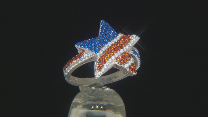 Red, White, And Blue Cubic Zirconia Rhodium Over Sterling Silver Star Flag Ring 1.24ctw Video Thumbnail