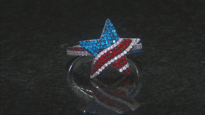 Red, White, And Blue Cubic Zirconia Rhodium Over Sterling Silver Star Flag Ring 1.24ctw Video Thumbnail