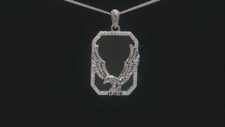 Black Onyx And White Cubic Zirconia Rhodium Over Silver Mens Eagle Pendant With Chain 15.61ctw
