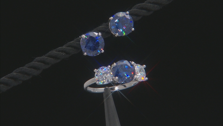 Blue And White Cubic Zirconia Rhodium Over Sterling Silver Ring and Earrings 11.50ctw Video Thumbnail