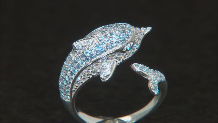 Blue And White Cubic Zirconia Rhodium Over Sterling Silver Dolphin Ring 1.70ctw Video Thumbnail