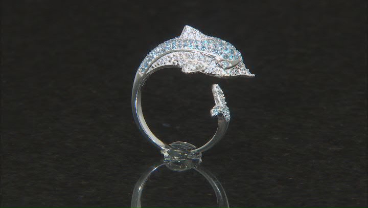 Blue And White Cubic Zirconia Rhodium Over Sterling Silver Dolphin Ring 1.70ctw Video Thumbnail