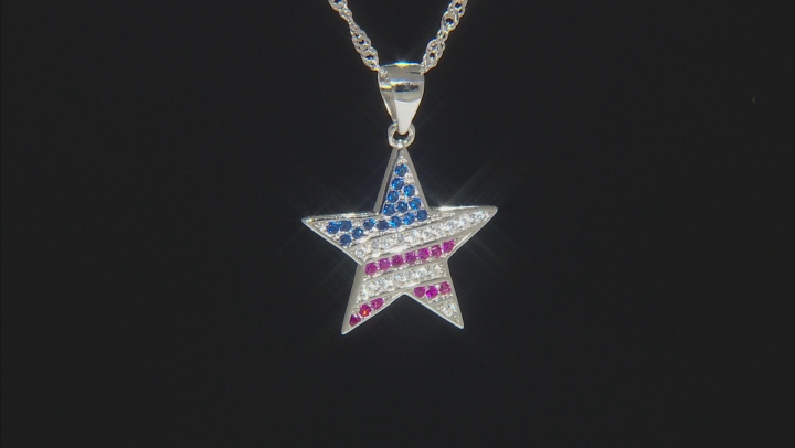 White Cubic Zirconia, Lab Blue Spinel, And Red Lab Ruby Rhodium Over Silver Pendant