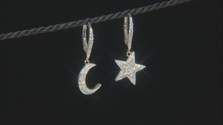 White Cubic Zirconia Rhodium Over Sterling Silver Moon And Star Earrings 0.80ctw