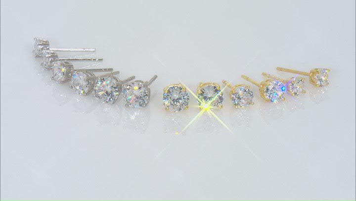 White Cubic Zirconia Rhodium And 18K Yellow Gold Over Sterling Silver Stud Earring Set of 6 9.40ctw Video Thumbnail