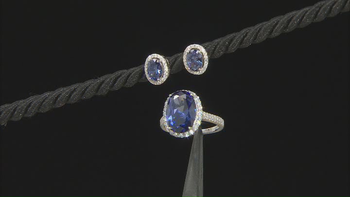 Blue And White Cubic Zirconia Rhodium Over Sterling Silver Ring And Earrings Set 11.59ctw