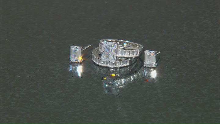 White Cubic Zirconia Rhodium Over Sterling Silver Ring With Band And Earrings 8.68ctw Video Thumbnail