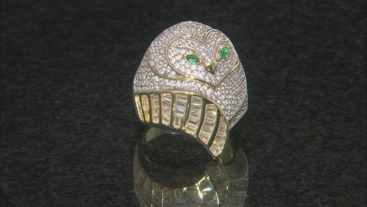 White Cubic Zirconia And Emerald Simulant 18K Yellow Gold Over Silver Owl Ring 4.76ctw Video Thumbnail
