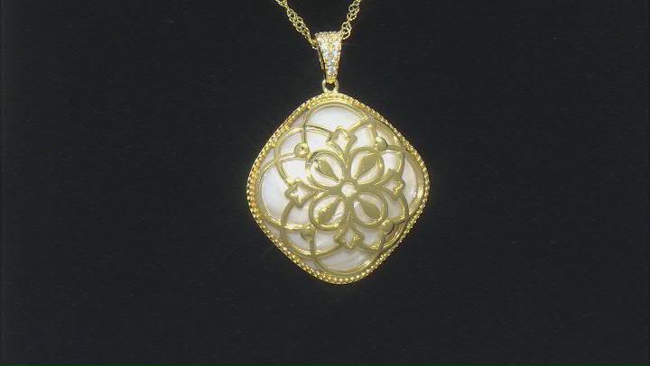 Mother Of Pearl And White Cubic Zirconia 18K Yellow Gold Over Sterling Silver Pendant With Chain