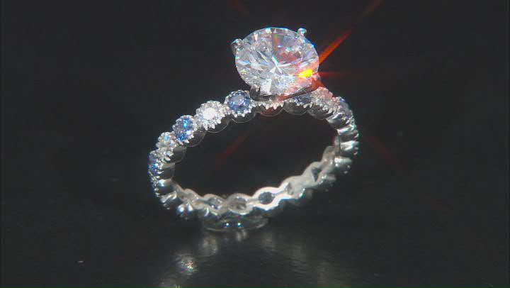 Blue and White Cubic Zirconia Rhodium Over Sterling Silver Ring Set 9.88ctw Video Thumbnail