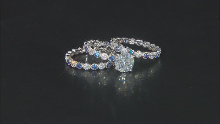 Blue and White Cubic Zirconia Rhodium Over Sterling Silver Ring Set 9.88ctw Video Thumbnail