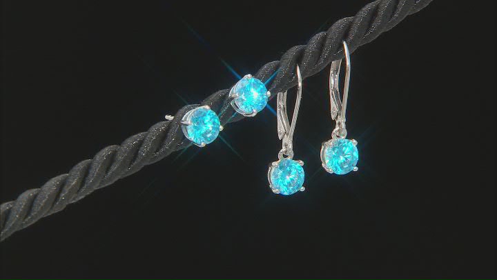 Blue Cubic Zirconia Rhodium Over Sterling Silver Earring Set 5.17ctw Video Thumbnail