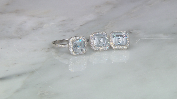 White Cubic Zirconia Rhodium Over Sterling Silver Ring And Earring Set 10.97ctw Video Thumbnail