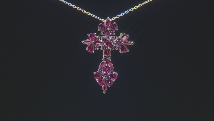 Raspberry Rhodolite Rhodium Over Sterling Silver Cross Pendant With Chain 3.72ctw Video Thumbnail