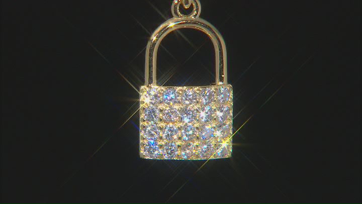 White Cubic Zirconia 18K Yellow Gold Over Sterling Silver Lock Pendant With Chain 1.30ctw Video Thumbnail