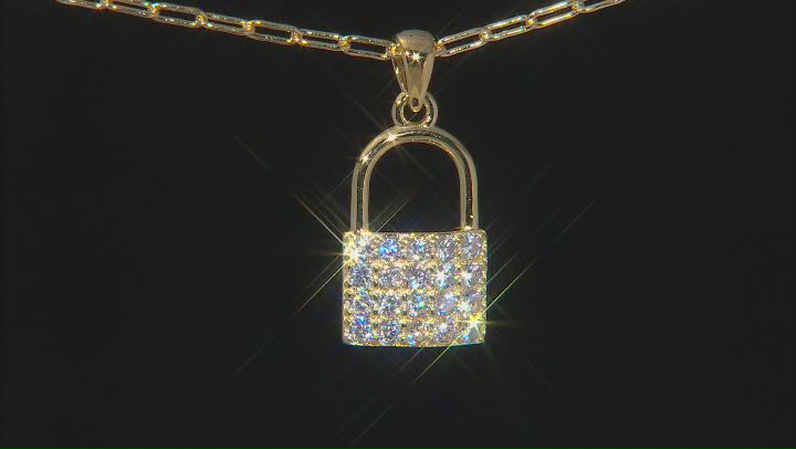 White Cubic Zirconia 18K Yellow Gold Over Sterling Silver Lock Pendant With Chain 1.30ctw Video Thumbnail