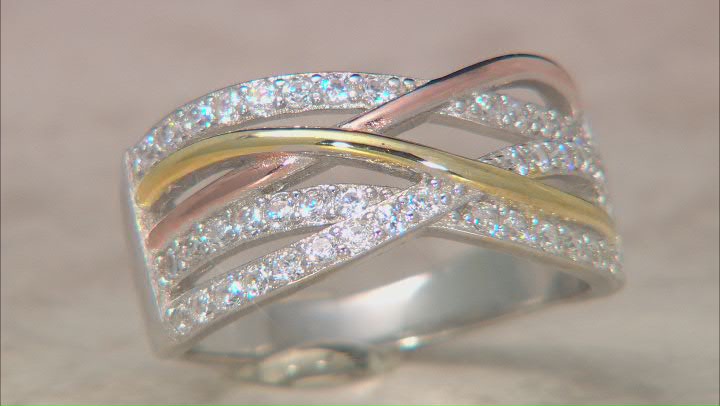 White Cubic Zirconia Rhodium And 14K Yellow And Rose Gold Over Sterling Silver Ring 1.04ctw Video Thumbnail