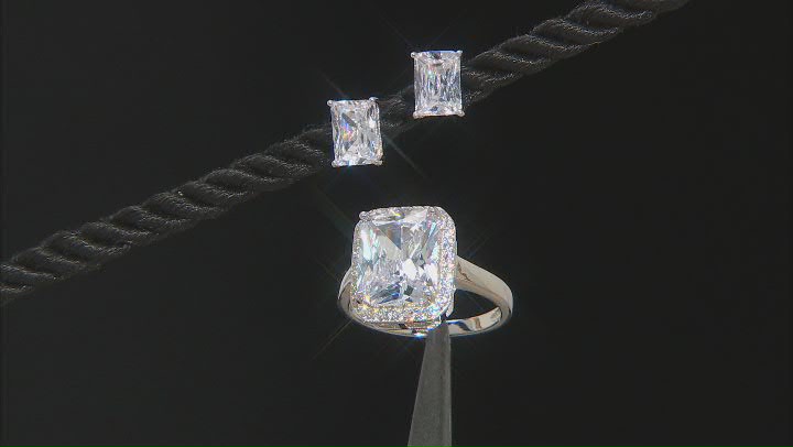White Cubic Zirconia Rhodium Over Sterling Silver Ring And Earring Set 10.48ctw Video Thumbnail