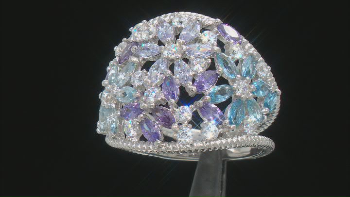 Lab Created Blue Spinel, White And Purple Cubic Zirconia Rhodium Over Sterling Silver Ring 4.13ctw Video Thumbnail