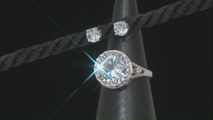 White Cubic Zirconia Rhodium Over Sterling Silver Ring And Earrings 11.63ctw Video Thumbnail